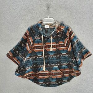 ShoSho Women Hoodie M/L Blue Orange Geometric Aztec Tribal Poncho Pullover